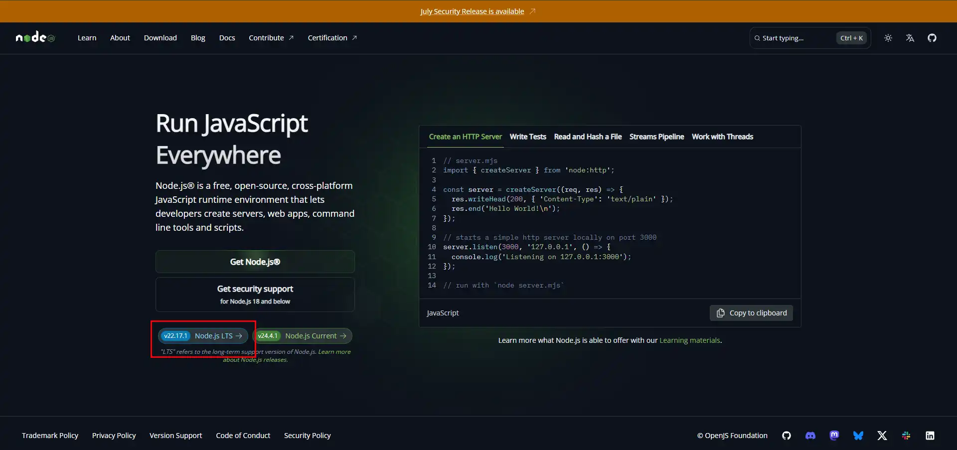 دانلود نسخه Nodejs LTS از Nodejs.org