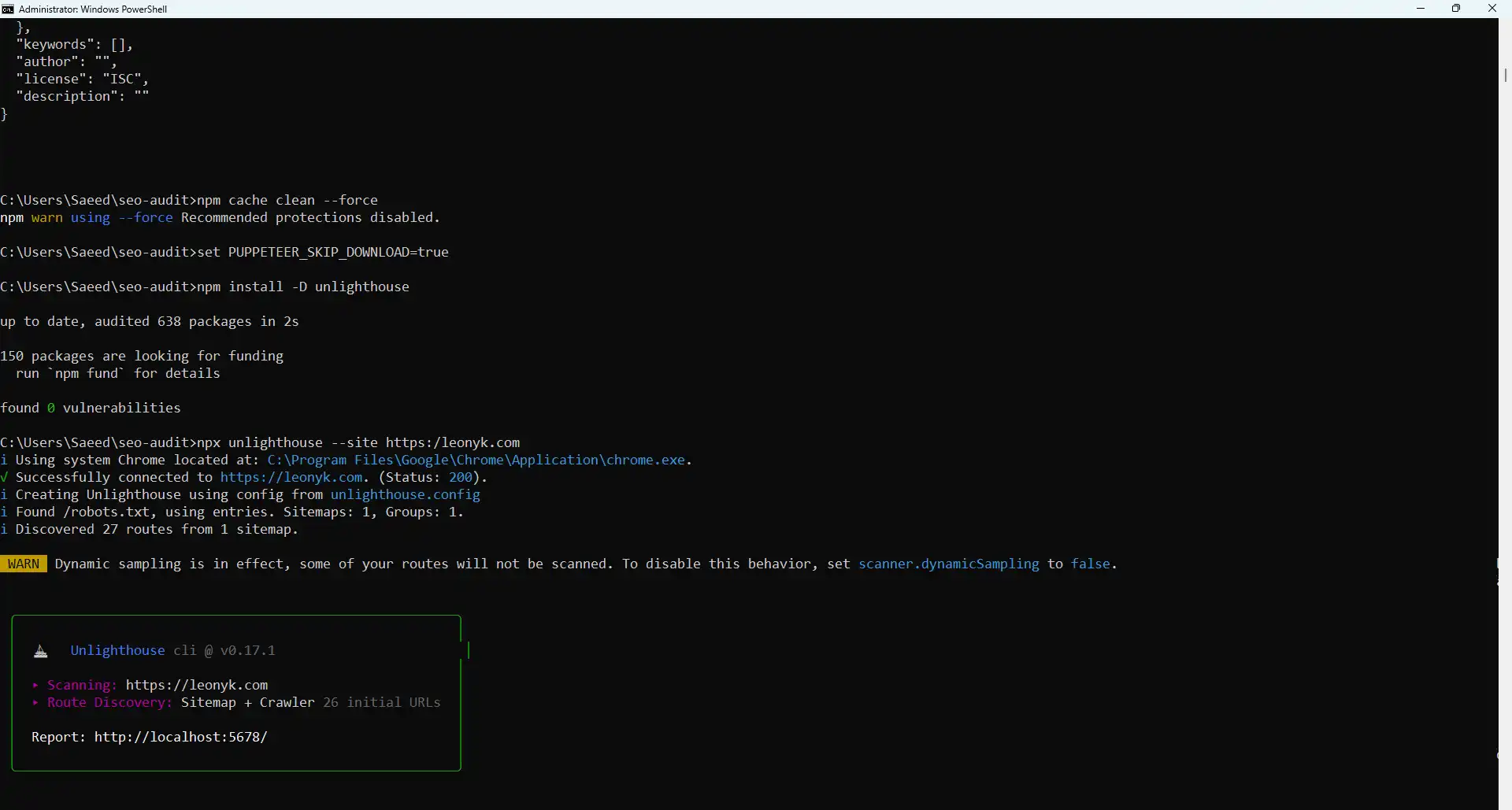 نتایج اسکن لئونیک با unlighthouse